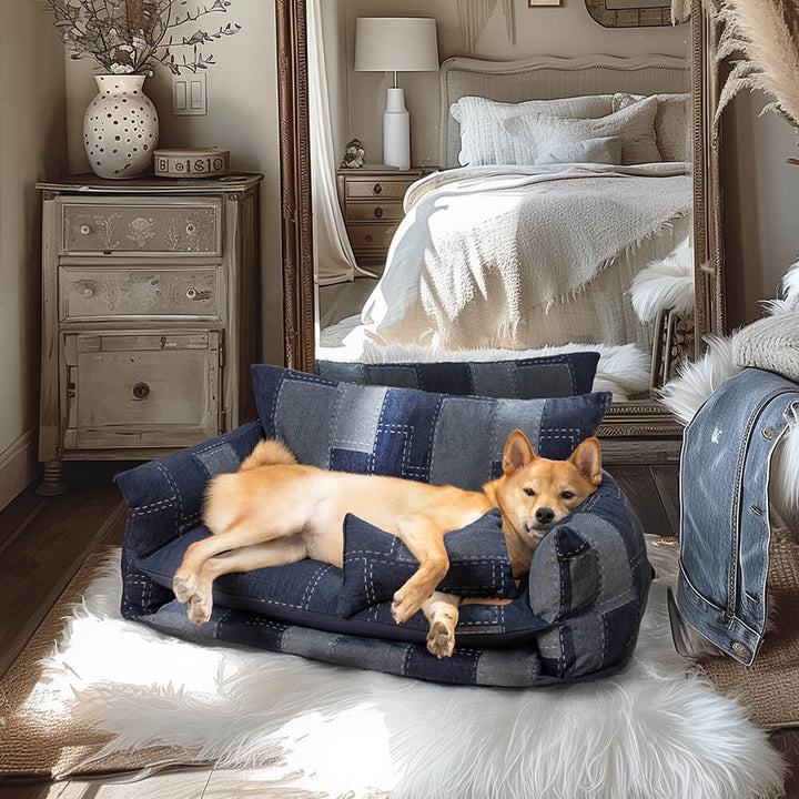 Orthopedic Pet Sofa Bed B-XL for dogs & cats with memory foam and lambswool, double layer, denim style
