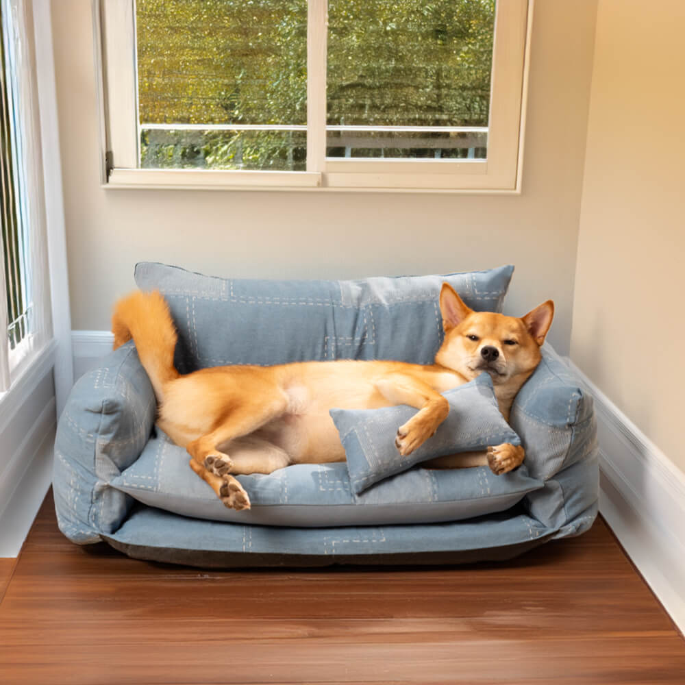 B-XL denim style pet bed with orthopedic memory foam bottom and soft lambswool top layer