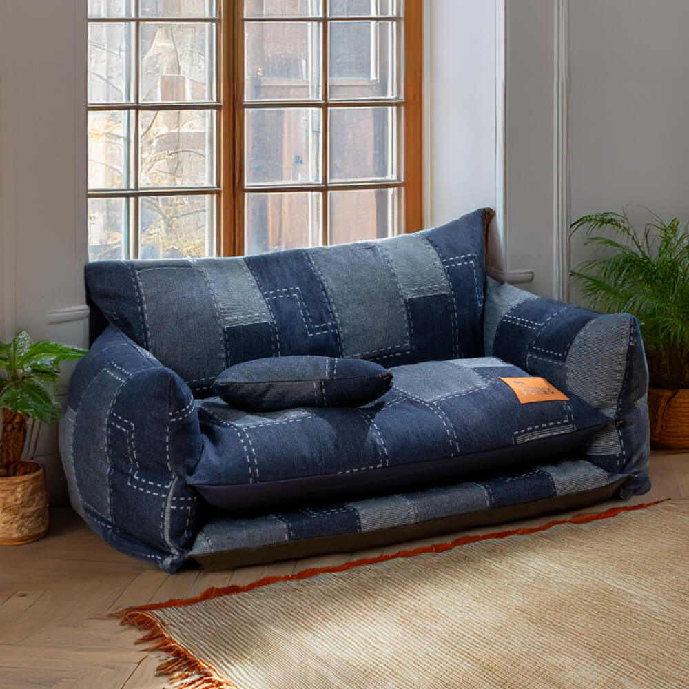 Stylish denim pet sofa B-XL for cats and dogs, offering orthopedic support and lambswool comfort