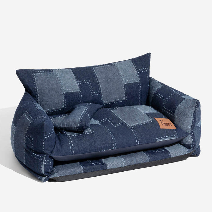 Denim style orthopedic pet bed B-XL for large dogs, combining memory foam and lambswool comfort