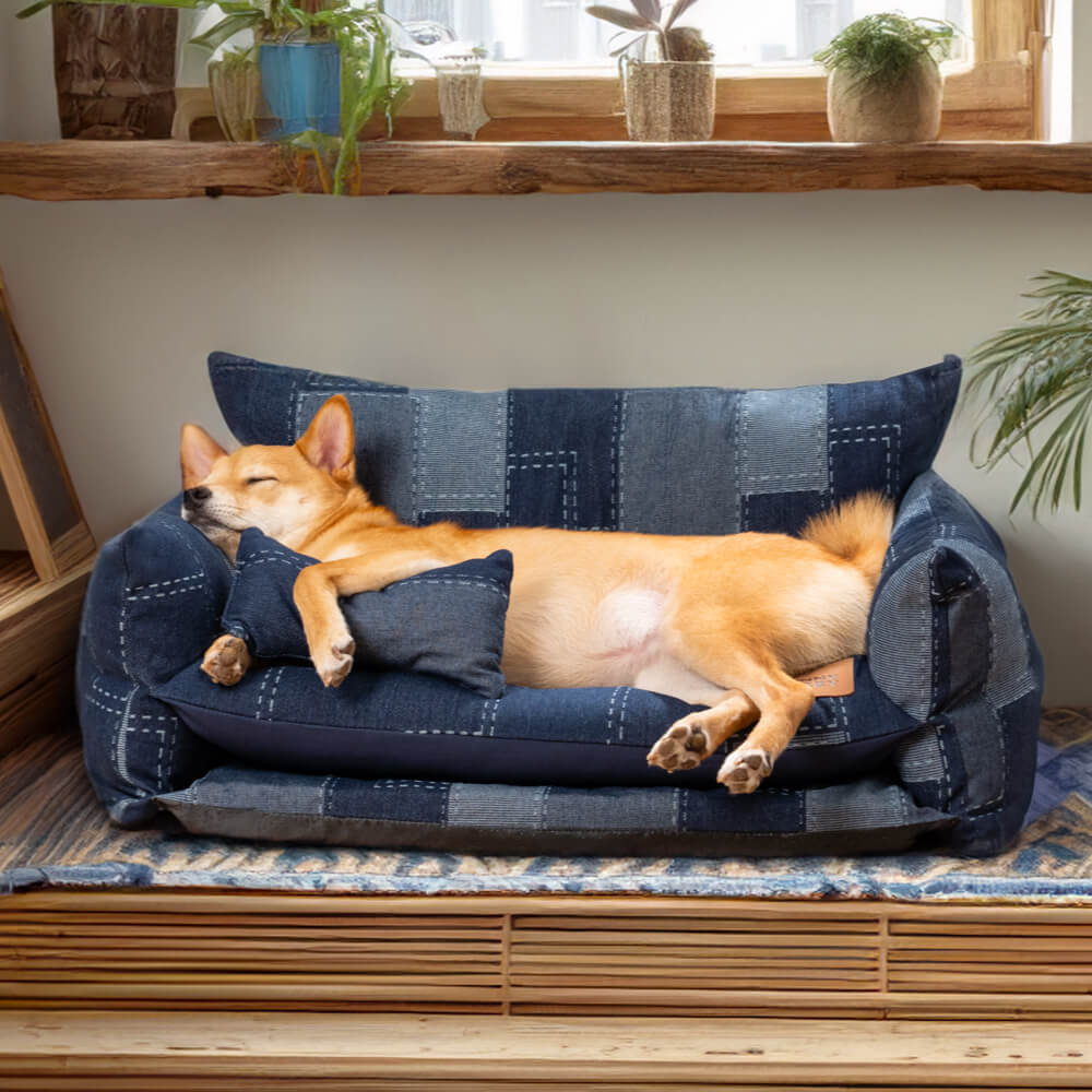 Denim style double layer orthopedic dog bed with cozy lambswool top, perfect for large dogs