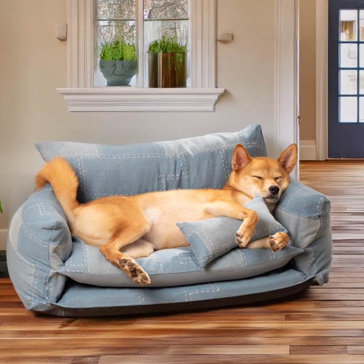 Cat & dog sofa bed B-XL in denim, featuring memory foam support and soft lambswool for comfort