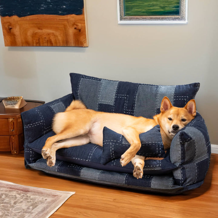 Plush lambswool top on a denim style double layer pet bed, ideal for cats and small dogs