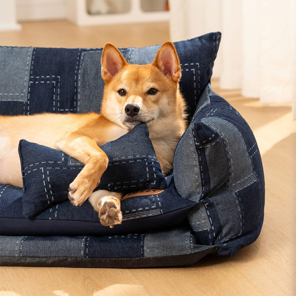 High-quality B-XL orthopedic dog bed with two layers and a comfortable denim exterior