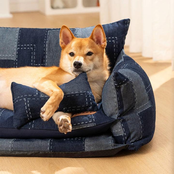 High-quality B-XL orthopedic dog bed with two layers and a comfortable denim exterior