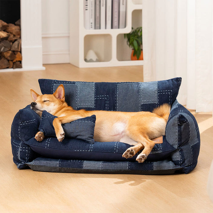 Luxurious lambswool surface on a sturdy double layer dog and cat sofa bed, denim inspired