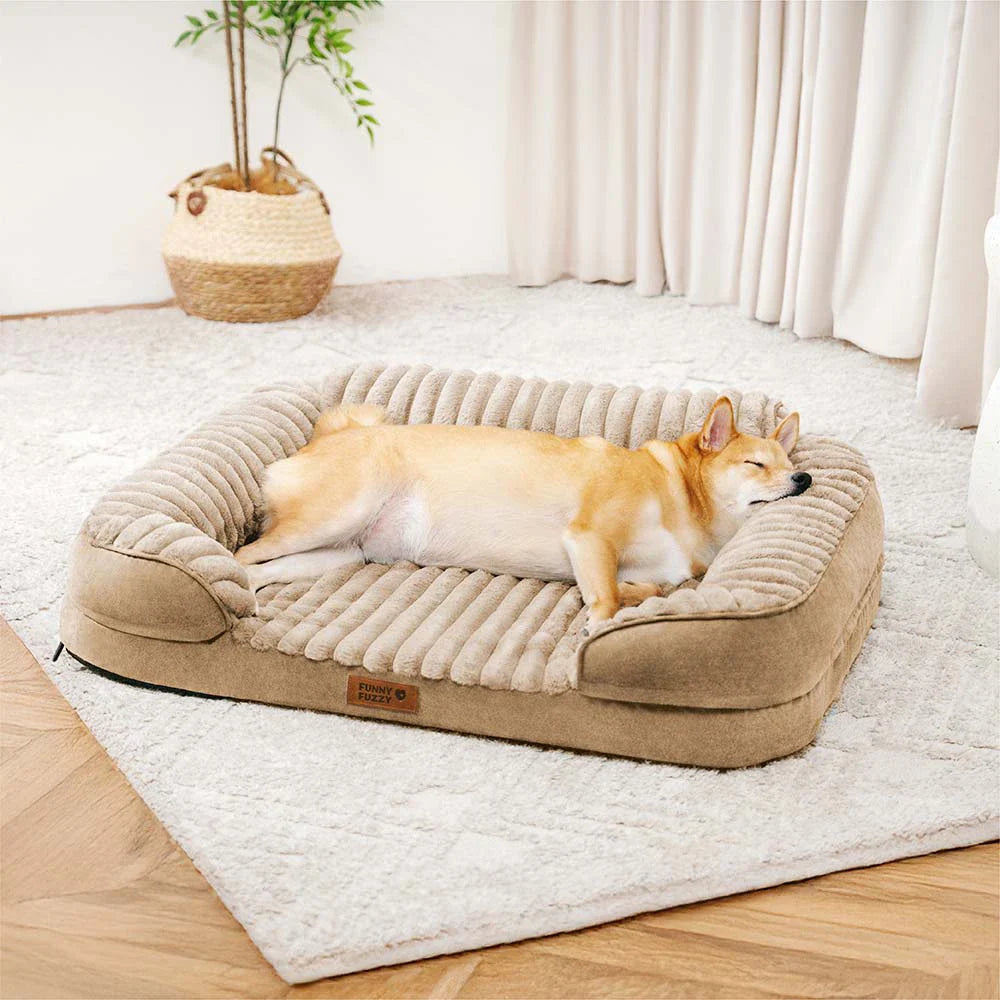 Cozy plush orthopedic dog bed, washable pet sofa with elevated bolster