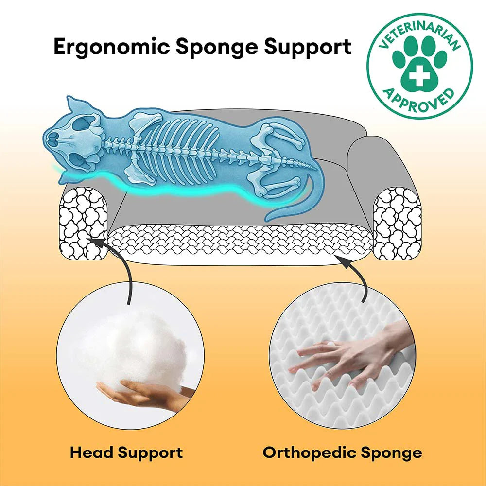 Plush dog bed with orthopedic support and wrap-around bolster, pet comfort