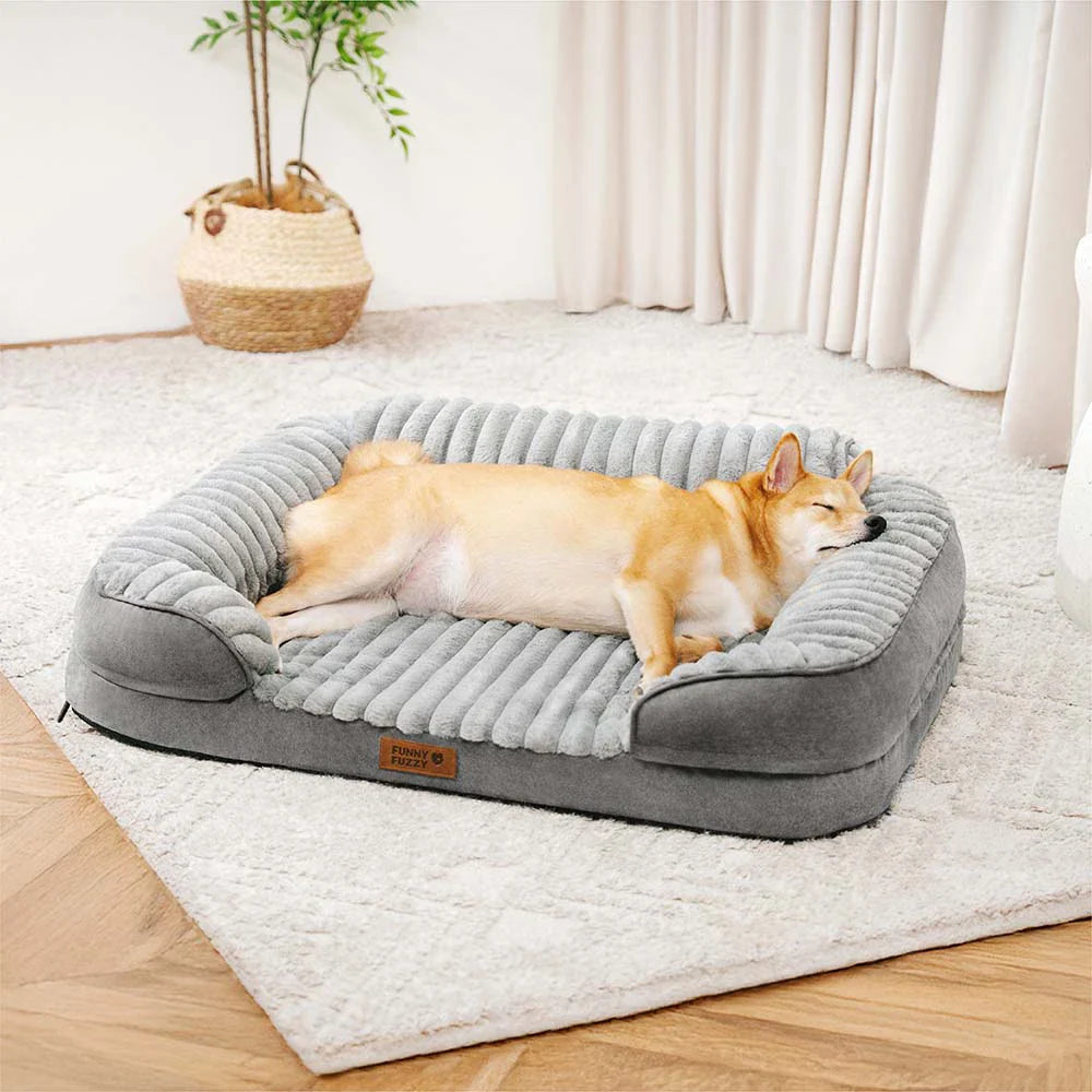 Stylish washable orthopedic dog bed, plush pet sofa with integrated bolster
