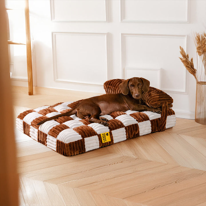 Stylish pet supplies: dog orthopedic bed, plush chessboard, designed for comfort and durability.