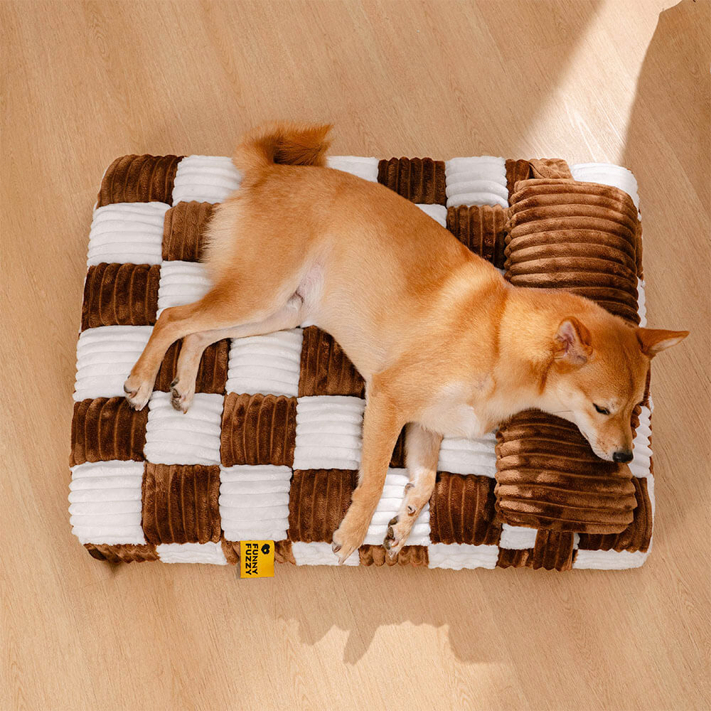 Durable orthopedic plush dog bed, chessboard style, with a comfortable headrest pillow.