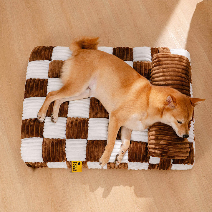 Durable orthopedic plush dog bed, chessboard style, with a comfortable headrest pillow.