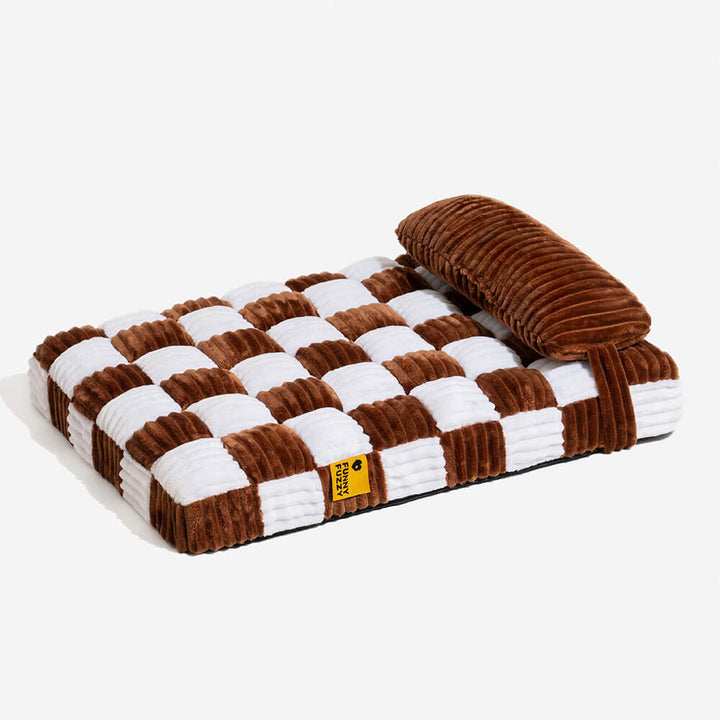 Modern dog bed: orthopedic plush chessboard design, soft pillow, blends with home decor.