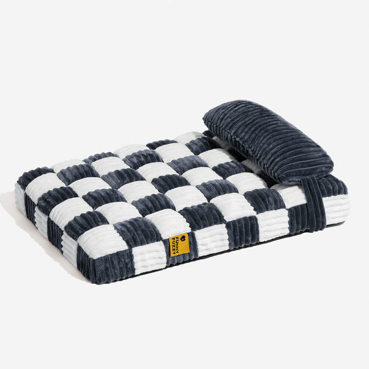 Supportive orthopedic dog bed, plush chessboard fabric, includes a contoured pillow for pets.