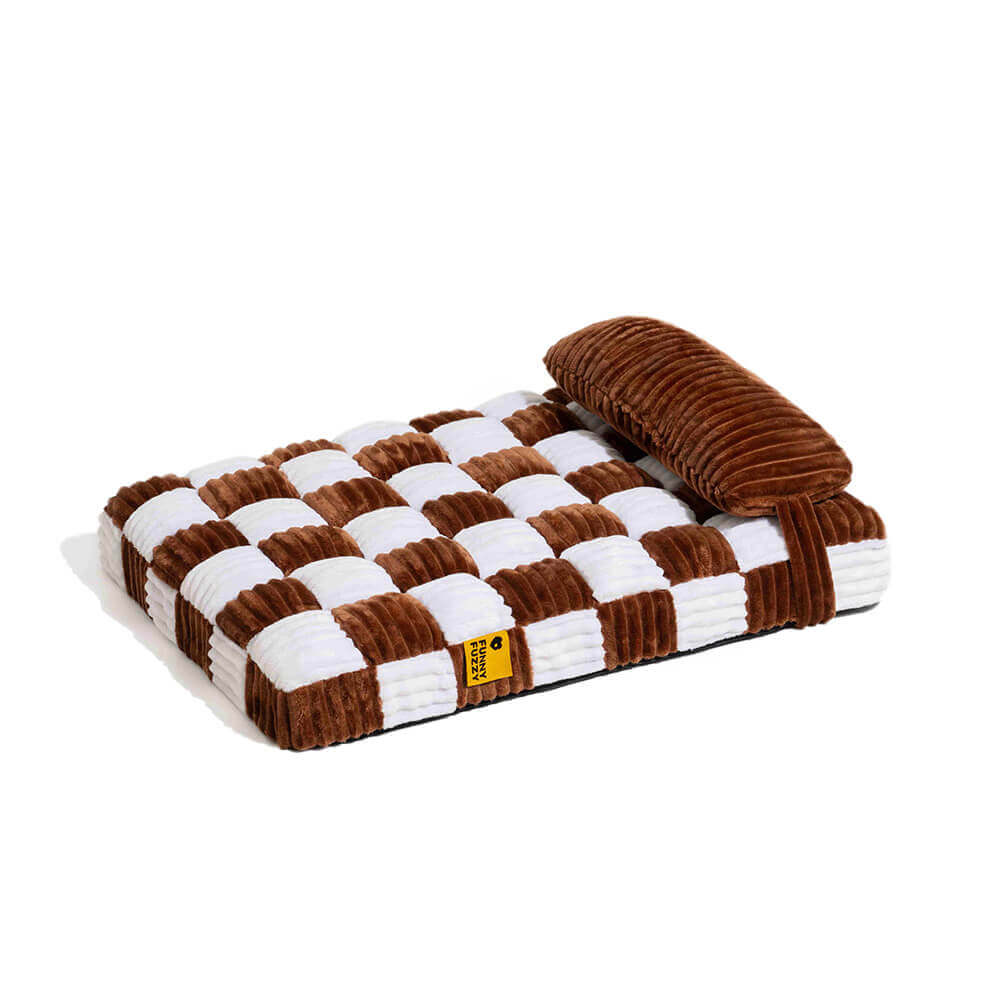 Pet essentials: orthopedic plush chessboard dog bed with a cozy pillow, easy to clean.