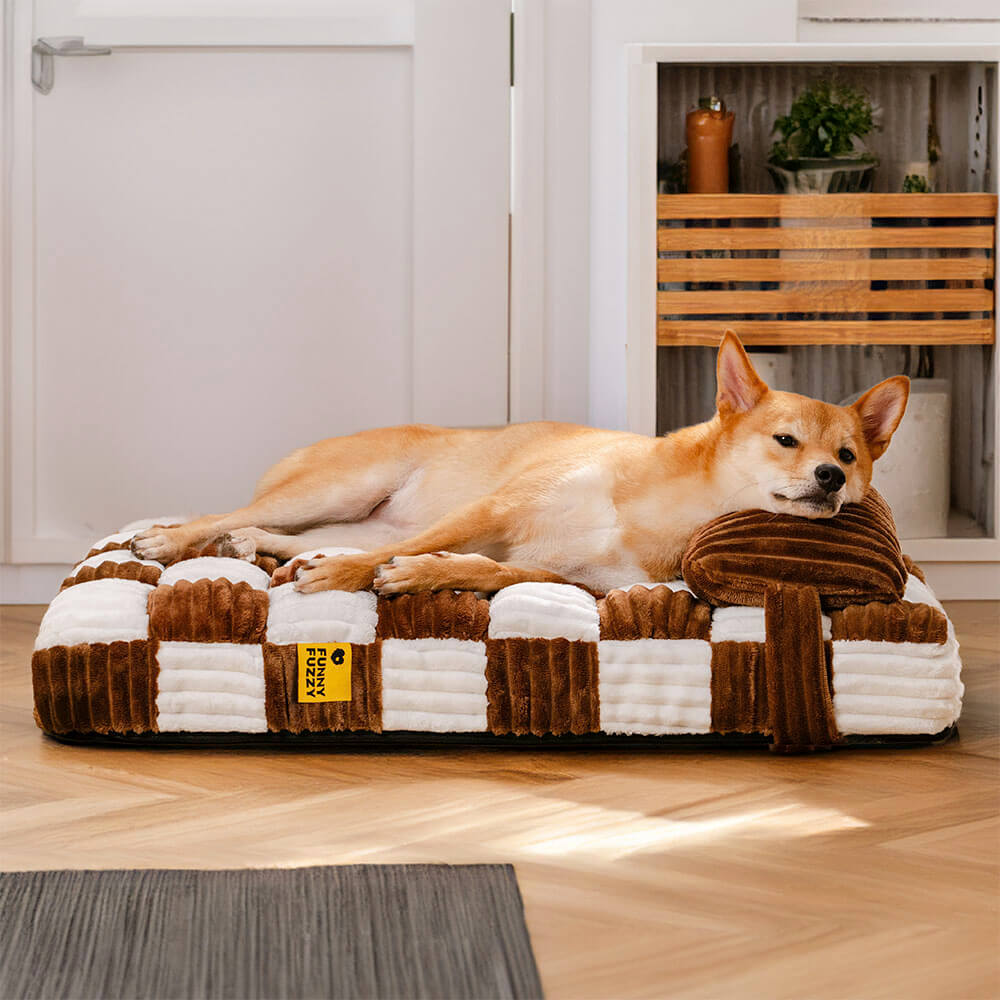 Comfortable dog orthopedic bed with chessboard design, plush fabric, and a matching pillow.