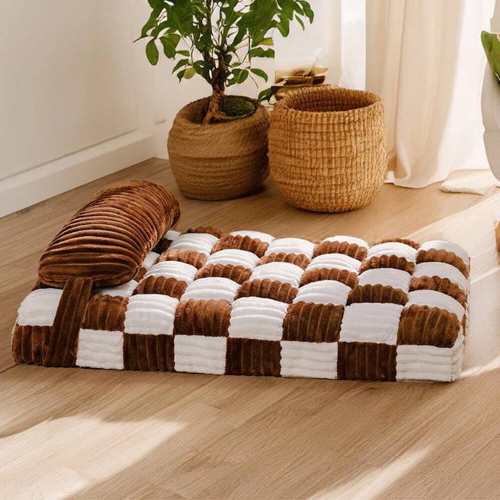 Luxury pet supplies: orthopedic plush dog bed with chessboard pattern and pillow for rest.