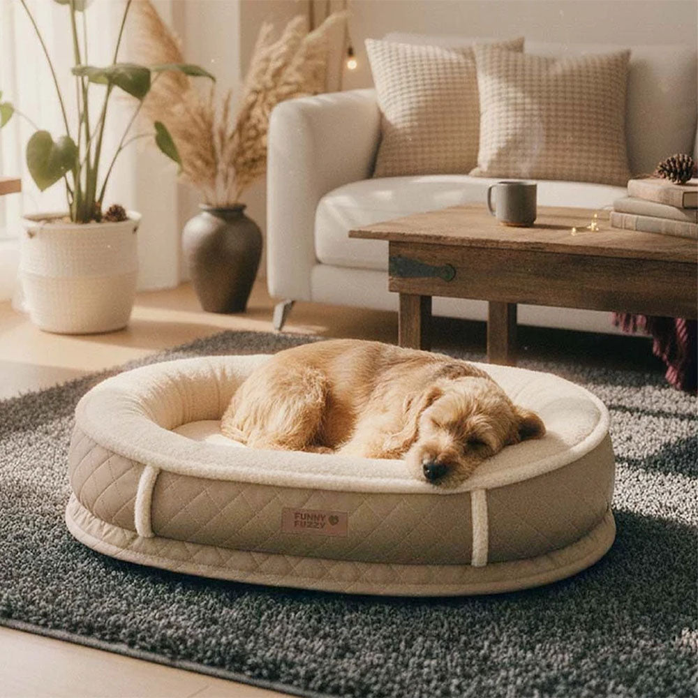 Orthopedic soft calming pet bed for dogs and cats, plush gray, front view with raised edges