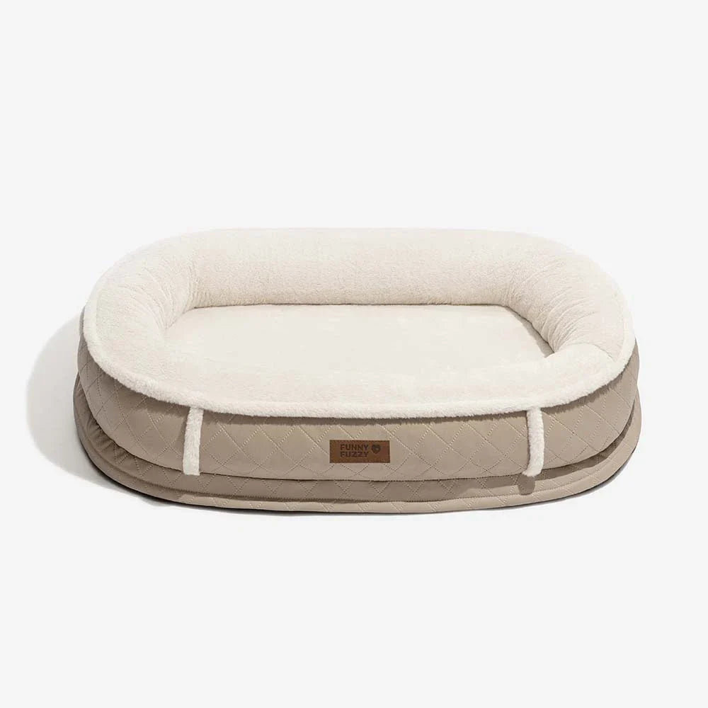 Happy dog stretching in a soft calming bed, illustrating ample space and comfort