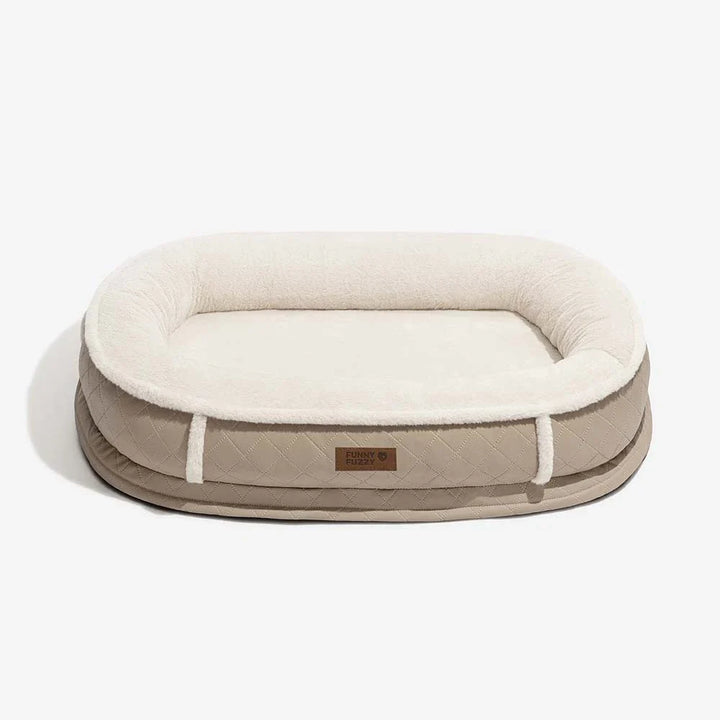 Happy dog stretching in a soft calming bed, illustrating ample space and comfort