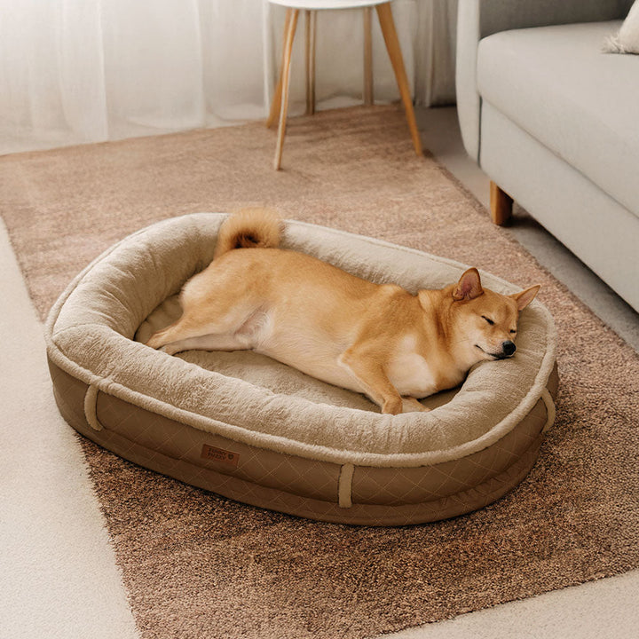Instructional image of assembling the removable cover onto the orthopedic dog bed