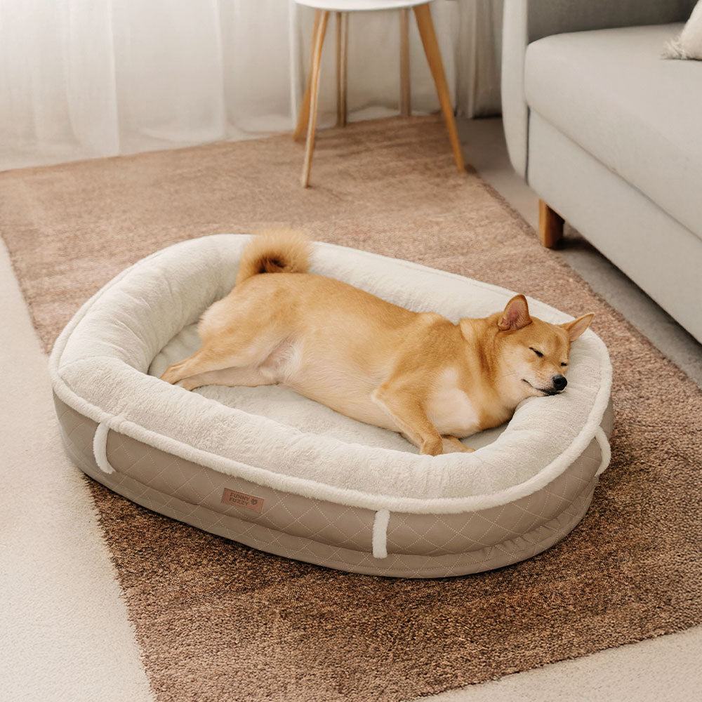 Close-up of fluffy orthopedic dog bed texture, soft plush fabric for ultimate pet comfort