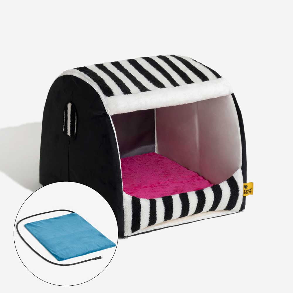 Orthopedic striped dog bed with a removable, washable cover