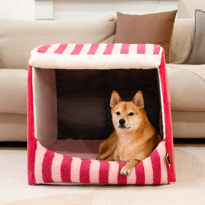 Cozy striped pet bed with orthopedic support for joint health