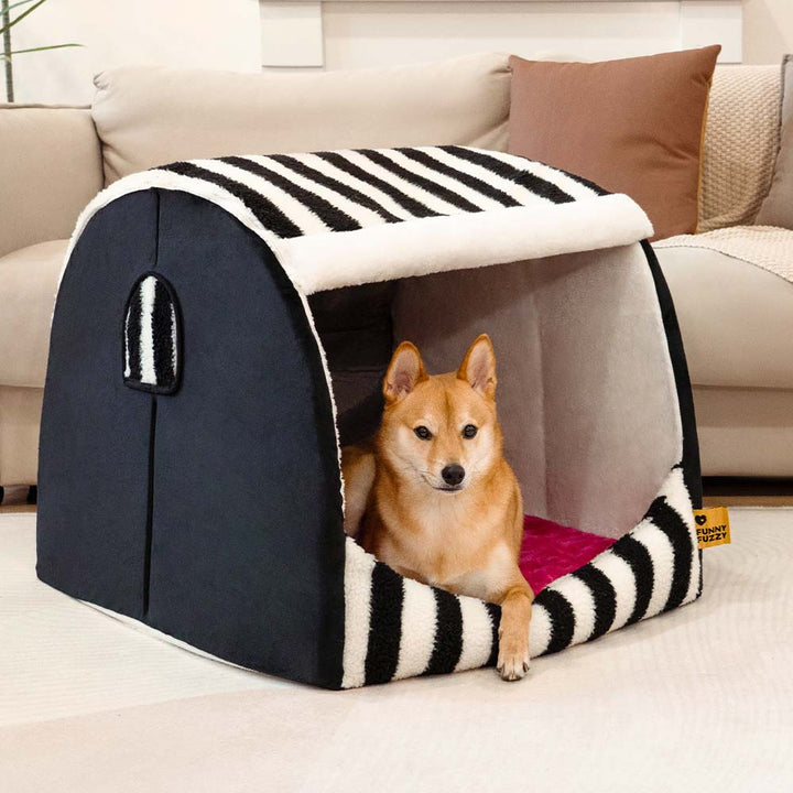 Washable striped pet bed, ideal for dogs & cats seeking comfort