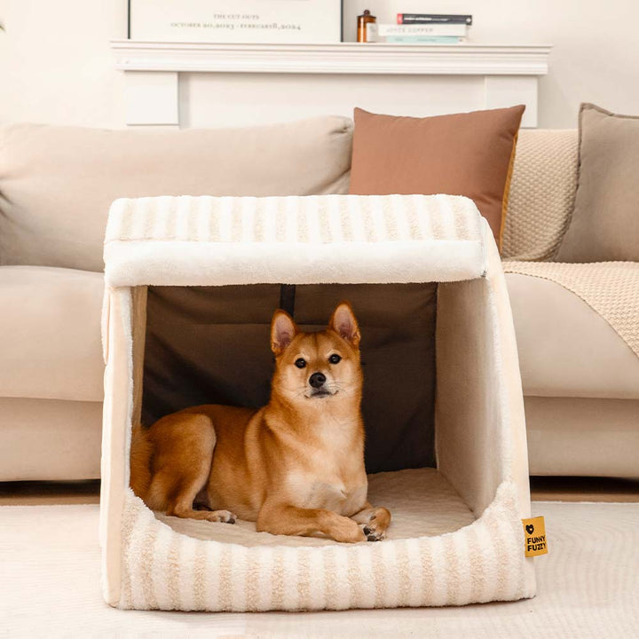 Heating pad compatible striped pet bed for ultimate warmth & comfort