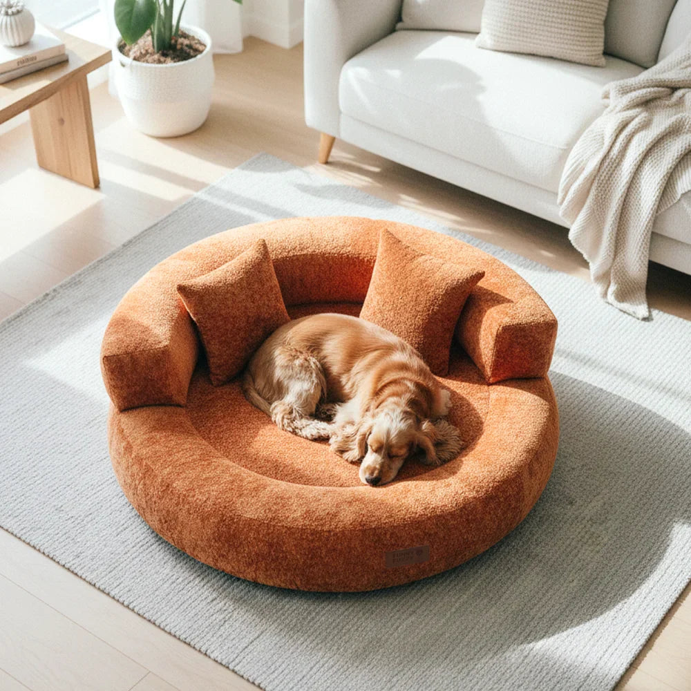 Large orthopedic velvet donut dog bed, spacious and supportive for big breeds, removable cover.