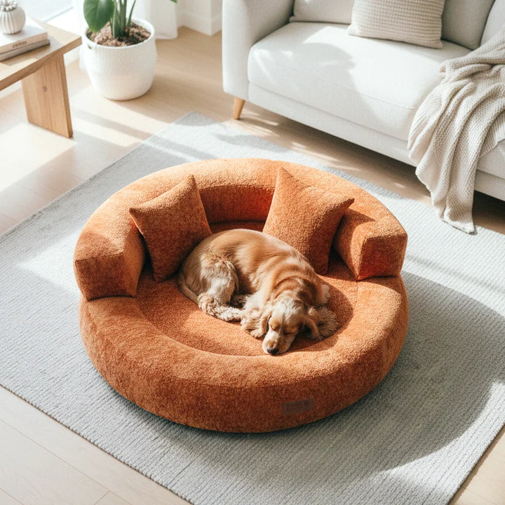 Large orthopedic velvet donut dog bed, spacious and supportive for big breeds, removable cover.