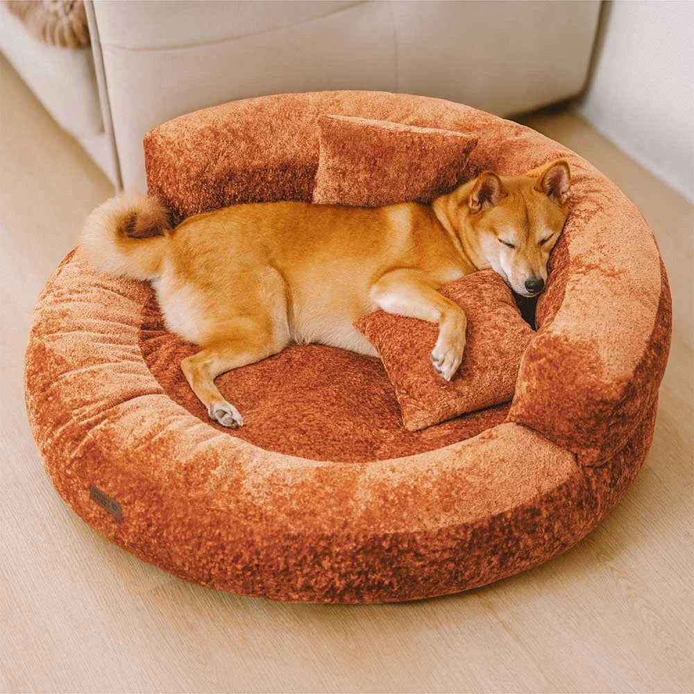 Pet supplies: premium velvet orthopedic donut dog bed with supportive pillows, all sizes.
