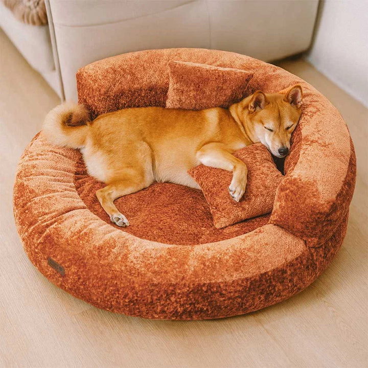 Pet supplies: premium velvet orthopedic donut dog bed with supportive pillows, all sizes.