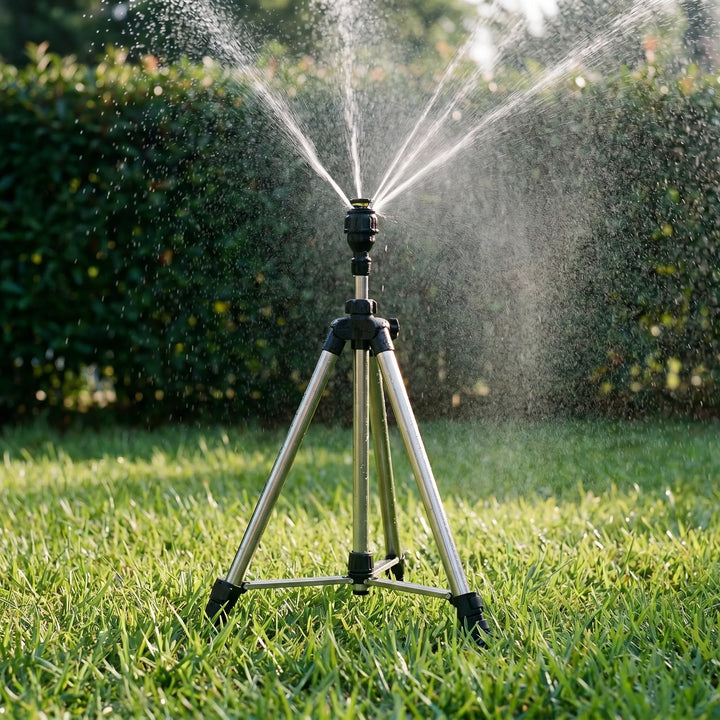 Outdoor adjustable tripod lawn sprinkler for large area garden watering & efficient irrigation.