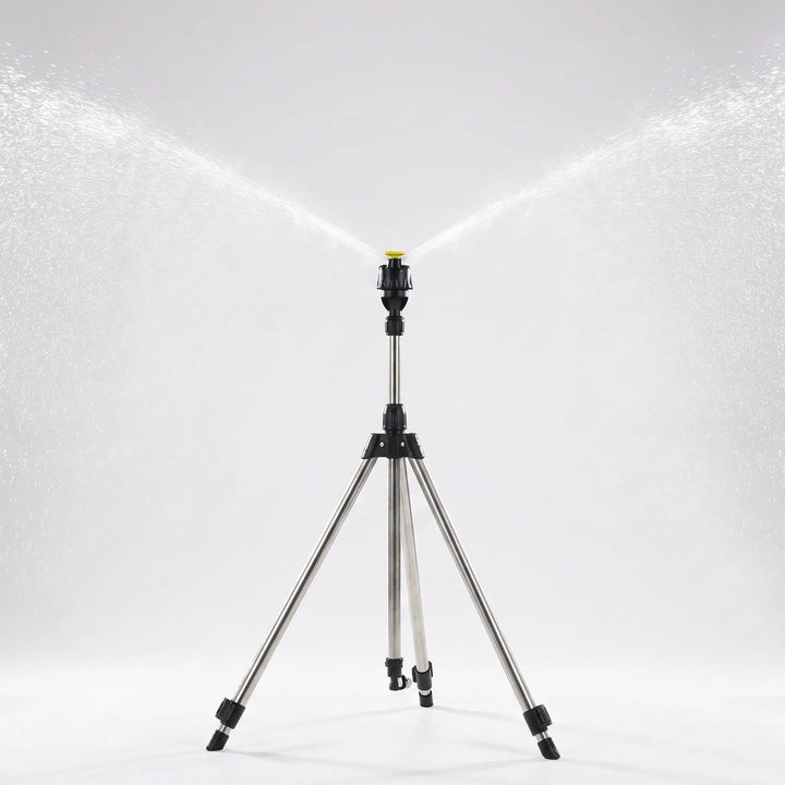 Extendable tripod garden sprinkler for uniform watering of lawns, yards, and large outdoor spaces.