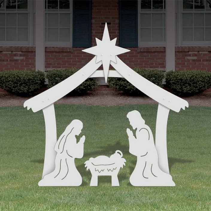 Outdoor Christmas nativity set featuring the Holy Family; perfect religious yard display & festive holiday scene.