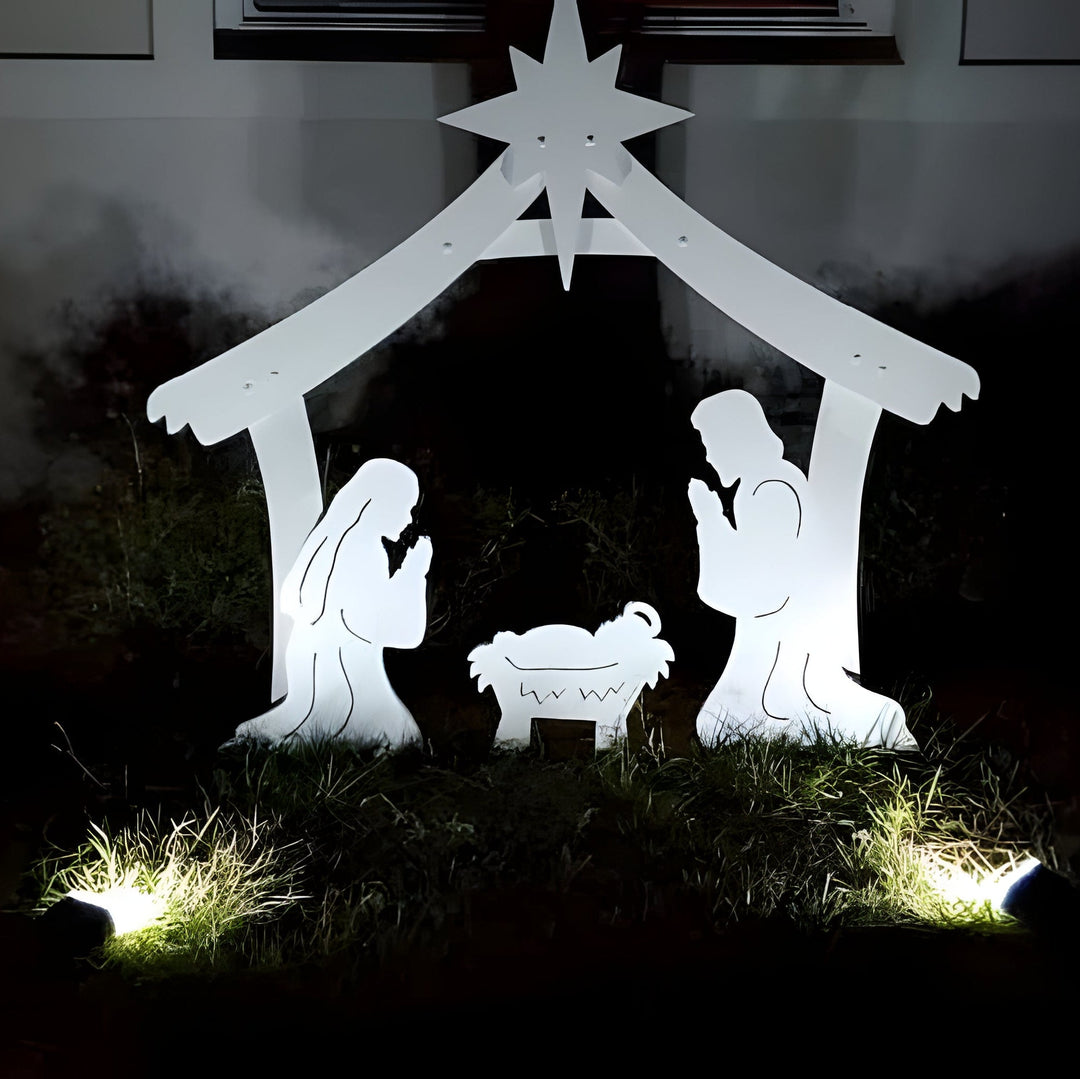 Christmas outdoor nativity set: a beautiful Holy Family display for your yard. Religious holiday scene decor.