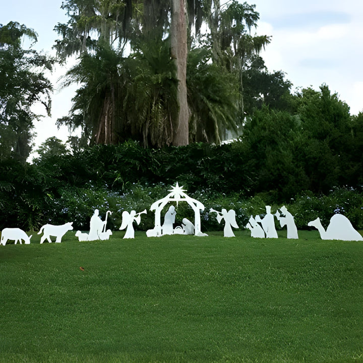 Elegant outdoor Christmas nativity set. PVC Holy Family figures for a festive religious yard display scene.