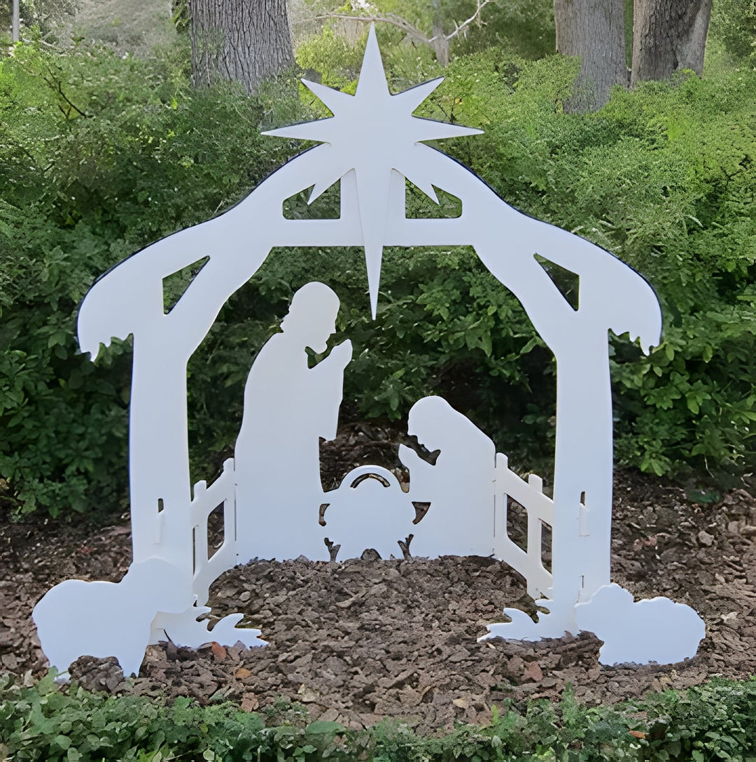 Holy Family outdoor Christmas nativity set. Durable PVC religious decor for a joyful holiday yard display.