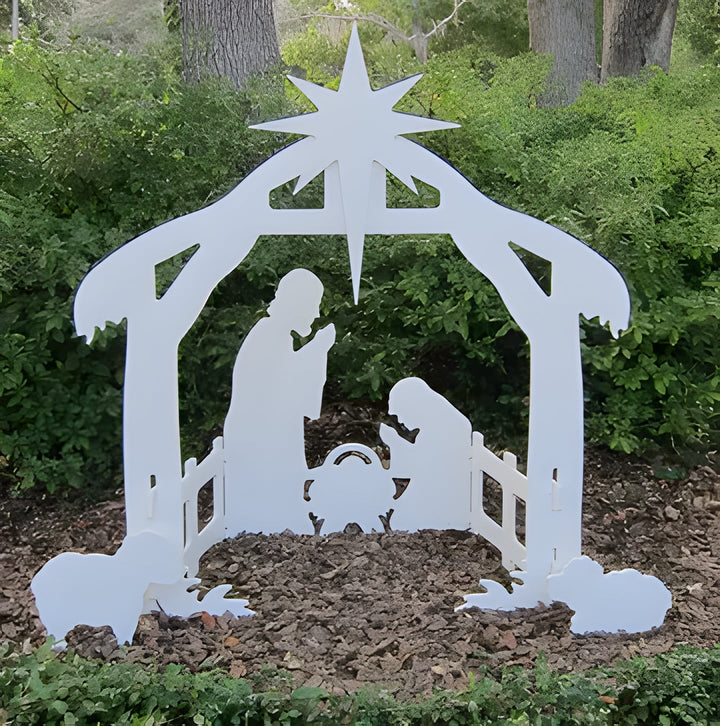 Holy Family outdoor Christmas nativity set. Durable PVC religious decor for a joyful holiday yard display.