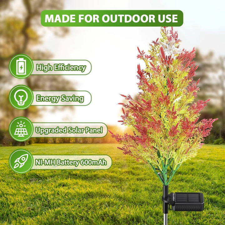 Cypress tree solar light with a warm, starry glow enhancing garden and patio aesthetics at night.