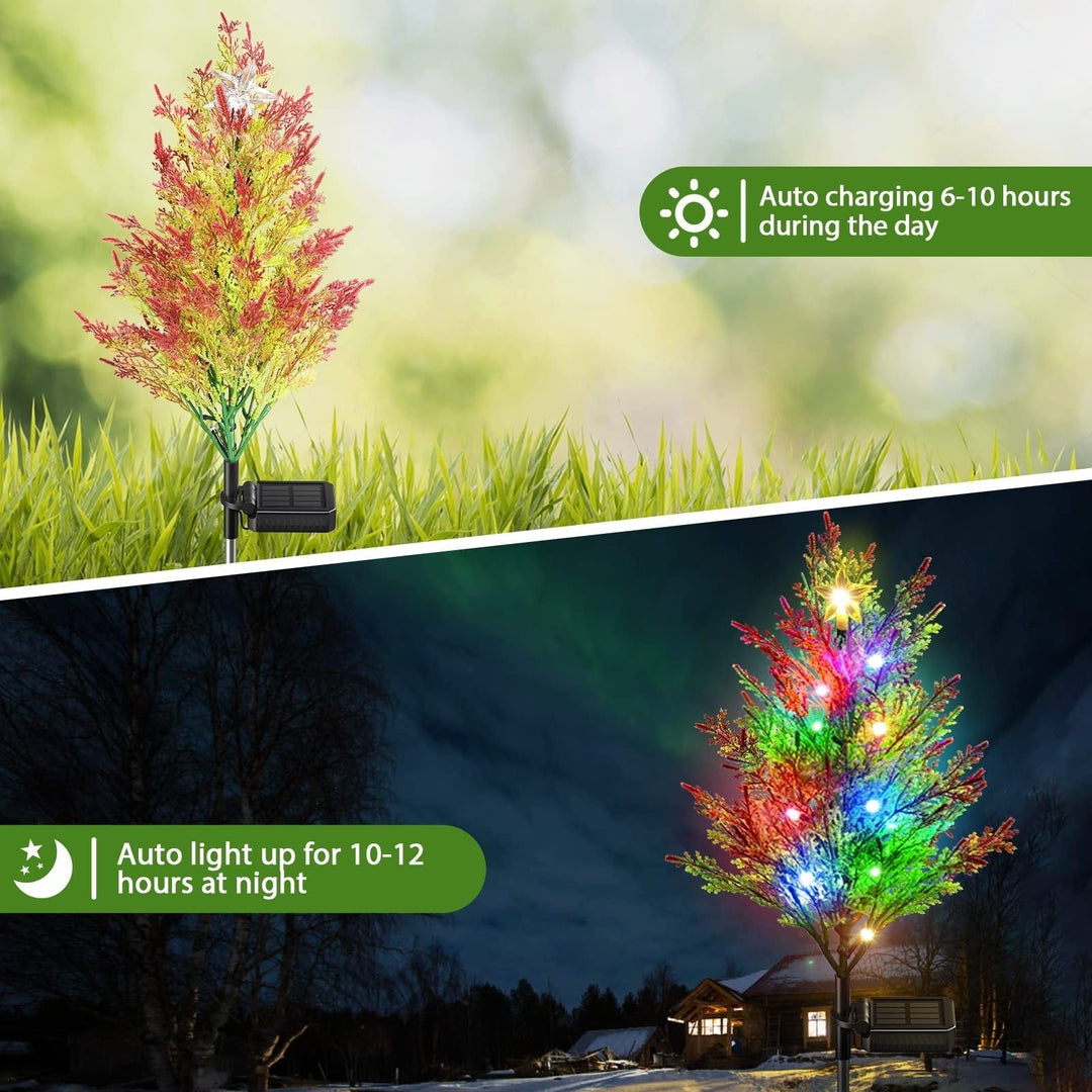 Close-up of a solar cypress tree light, highlighting its starry glow and realistic tree design for patios.