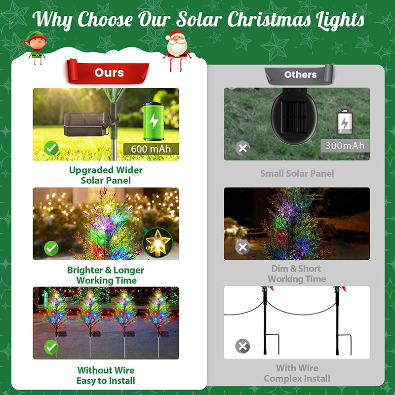 A pair of solar cypress tree lights illuminating a dark garden, providing ambient starry pathway lighting.