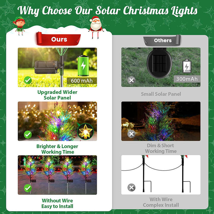 A pair of solar cypress tree lights illuminating a dark garden, providing ambient starry pathway lighting.