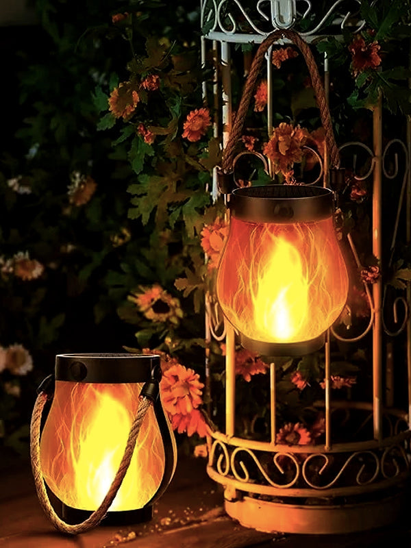 Outdoor solar dancing flame lantern, perfect for garden decor and patio lighting