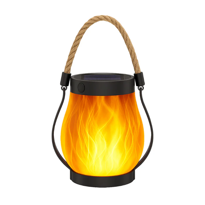Durable waterproof solar lantern with flame effect, designed for all-weather outdoor use