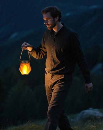 Energy-efficient solar garden lantern, featuring an authentic dancing flame for decor