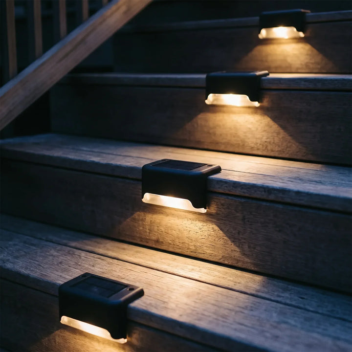 Outdoor solar deck lights, waterproof LED for steps & paths. Automatic wireless garden & fence lighting.
