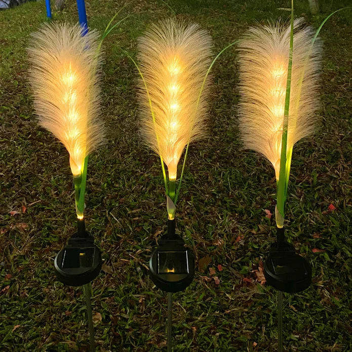 Outdoor solar reed garden lights, beautiful for pathway illumination and eco-friendly yard decor.